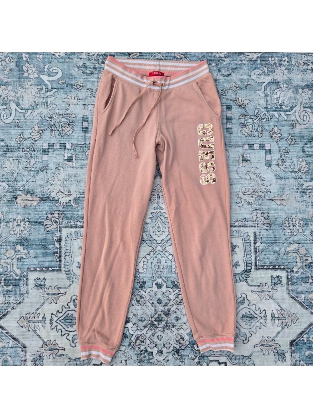 GUESS Blush Pink Sequin Logo Joggers Mid Rise Sweatpants Size S Y2K Activewear